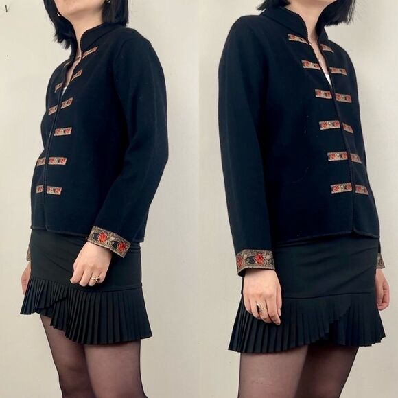 Vintage Casual Corner Annex Black Floral Embroidered Asian Cardigan Wool Jacket - Picture 3 of 8